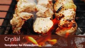  Presentation with charcoal - Slide deck consisting of ready to eat smoked fresh hot grilled chicken shish kebab barbecue on grid over charcoal background and a tawny brown colored foreground