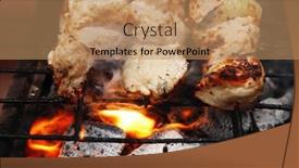  Presentation with charcoal - PPT theme with ready to eat smoked fresh hot grilled chicken shish kebab barbecue on grid over charcoal background and a coral colored foreground