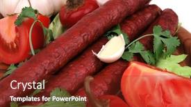  Presentation with eat - Cool new PPT theme with ready to eat thick sausages served to eat backdrop and a tawny brown colored foreground