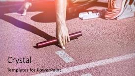  Presentation with race track - Beautiful slide deck featuring ready to start relay race backdrop and a coral colored foreground
