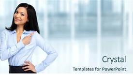  Presentation with asian - Cool new presentation theme with real estate - asian business woman showing copy backdrop and a sky blue colored foreground