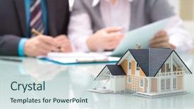  Presentation with contract - Amazing slide set having real estate - businessman signs contract behind home backdrop and a sky blue colored foreground