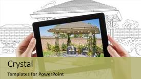  Presentation with estate - Slide deck with real estate - female hands holding computer tablet background and a yellow colored foreground