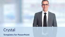  Presentation with banner blue - Colorful slides enhanced with real estate - handsome smiling businessman over blue backdrop and a sky blue colored foreground