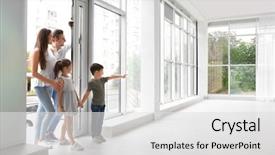  Presentation with real estate - Slides enhanced with real estate - happy family entering new house background and a light gray colored foreground