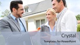  Presentation with salesman - PPT layouts having real estate - salesman giving home keys background and a light blue colored foreground