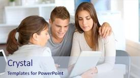  Presentation with finance financial business economy exchan - Slide set with real estate - young couple meeting financial consultant background and a sky blue colored foreground