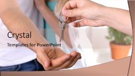  Presentation with real estate development - Beautiful slide deck featuring real estate agent giving keys backdrop and a coral colored foreground