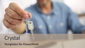  Presentation with real estate lending - PPT theme having real estate agent giving keys background and a coral colored foreground