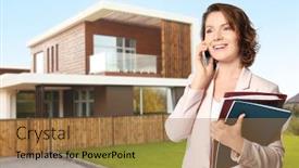 Presentation with estate - Slide set enhanced with real estate agent talking on phone in front of house outdoors background and a coral colored foreground