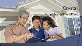  Presentation with estate - Beautiful slide deck featuring real estate agent with couple buying new house backdrop and a soft green colored foreground