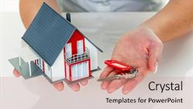  Presentation with house key - Colorful presentation design enhanced with real estate agent with house backdrop and a  colored foreground