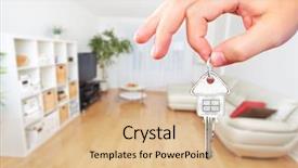  Presentation with house key - Audience pleasing theme consisting of real estate apartment - hand with house key backdrop and a coral colored foreground