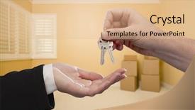  Presentation with new home - Audience pleasing presentation design consisting of real estate apartment - handing over the house keys backdrop and a lemonade colored foreground
