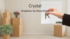  Presentation with keys - Cool new PPT theme with real estate apartment - woman handing over house keys backdrop and a  colored foreground