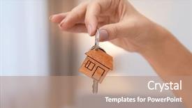  Presentation with house key - Amazing presentation theme having real estate apartment - woman holding house key backdrop and a coral colored foreground
