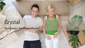  Presentation with new home sales - Beautiful slides featuring real estate apartment - young couple resting on floor backdrop and a mint green colored foreground