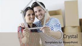  Presentation with happy new year 2022 - Audience pleasing slides consisting of real estate backgrounds - happy young couple moving backdrop and a coral colored foreground