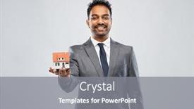  Presentation with realtor - Colorful PPT layouts enhanced with real estate business and people concept - man realtor with house model over grey background backdrop and a gray colored foreground