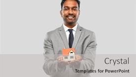  Presentation with realtor - Presentation design consisting of real estate business and people concept - man realtor with house model over grey background background and a light gray colored foreground
