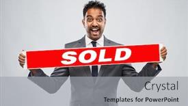  Presentation with red banner - Slide deck with real estate business realty sale and success concept - happy indian male realtor with red sold banner over grey background background and a light gray colored foreground