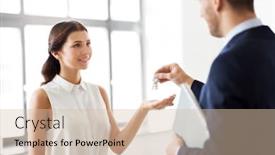  Presentation with realtor - Audience pleasing slide deck consisting of real estate business sale and people concept - male realtor giving key to female customer or new office owner backdrop and a soft green colored foreground