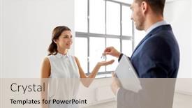  Presentation with realtor - Slide deck with real estate business sale and people concept - realtor giving key to customer or new office owner background and a soft green colored foreground