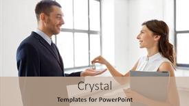  Presentation with realtor - Presentation consisting of real estate business sale and people concept - realtor giving key to customer or new office owner background and a coral colored foreground