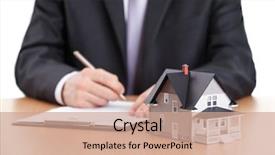  Presentation with contract - Audience pleasing theme consisting of real estate concept - businessman signs backdrop and a coral colored foreground