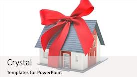 Presentation with red bow - Presentation design featuring home buying selling - real estate concept house architectural background and a light gray colored foreground