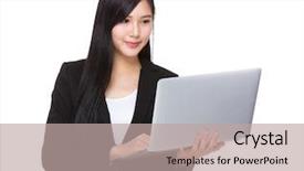  Presentation with computer hacker hoodie in - Beautiful presentation theme featuring real estate consulting - businesswoman use of notebook computer backdrop and a mint green colored foreground