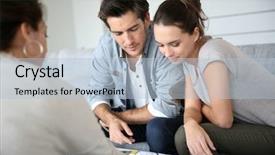  Presentation with construction - Presentation theme featuring real estate consulting - couple meeting architect for house background and a light blue colored foreground