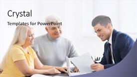 Presentation with senior couple - Colorful presentation theme enhanced with real estate consulting - senior couple meeting with consultant backdrop and a sky blue colored foreground