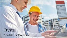  Presentation with building team - Amazing slide deck having business building teamwork technology backdrop and a light blue colored foreground