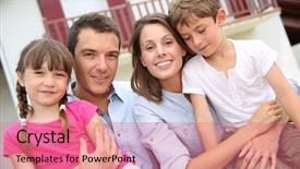  Presentation with new home - Presentation having real estate fun - happy family standing in front background and a coral colored foreground