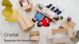  Presentation with happy korean kids - Audience pleasing PPT layouts consisting of real estate fun - happy kids with boxes backdrop and a  colored foreground