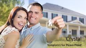  Presentation with new home - Beautiful presentation theme featuring real estate fun - mixed race excited military couple backdrop and a yellow colored foreground
