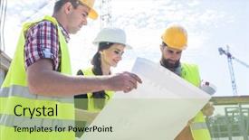  Presentation with angry construction workers - Beautiful slides featuring real estate goals - experienced female architect smiling while backdrop and a yellow colored foreground