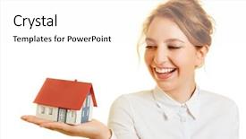  Presentation with insurance - Cool new presentation theme with real estate goals - laughing woman has home insurance backdrop and a white colored foreground