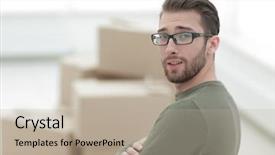  Presentation with house - PPT theme consisting of real estate listing - handsome man standing in new background and a  colored foreground