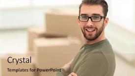  Presentation with house - Colorful slide deck enhanced with real estate listing - handsome man standing in new backdrop and a coral colored foreground