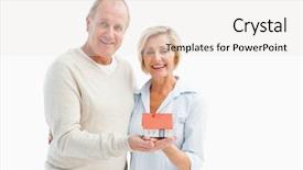  Presentation with happy hour is the best - Audience pleasing PPT theme consisting of real estate senior housing - happy mature couple with model backdrop and a  colored foreground