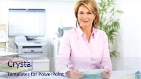  Presentation with young business woman smile show - Beautiful slide deck featuring real estate tax - smiling mature business woman backdrop and a  colored foreground