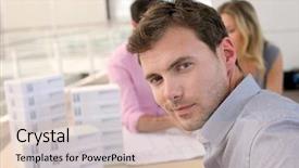  Presentation with office - Slide set enhanced with real estate team building - portrait of man sitting background and a  colored foreground