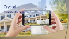  Presentation with holding hands - PPT layouts featuring real estate technology - female hands holding smart phone background and a sky blue colored foreground