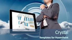  Presentation with futuristic glasses - Cool new slide deck with real estate technology - thinking businessman holding his glasses backdrop and a ocean colored foreground