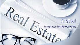  Presentation with real estate - PPT theme featuring real estate word on newspaper background and a sky blue colored foreground