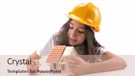  Presentation with house building - Cool new slides with real estate yellow - cool girl building house isolated backdrop and a coral colored foreground