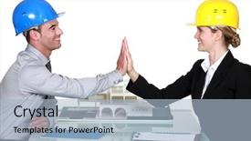  Presentation with worker - Presentation enhanced with real estate yellow - happy worker background and a light blue colored foreground