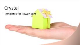  Presentation with white house - Amazing slide deck having real estate yellow - small house in hand isolated backdrop and a white colored foreground